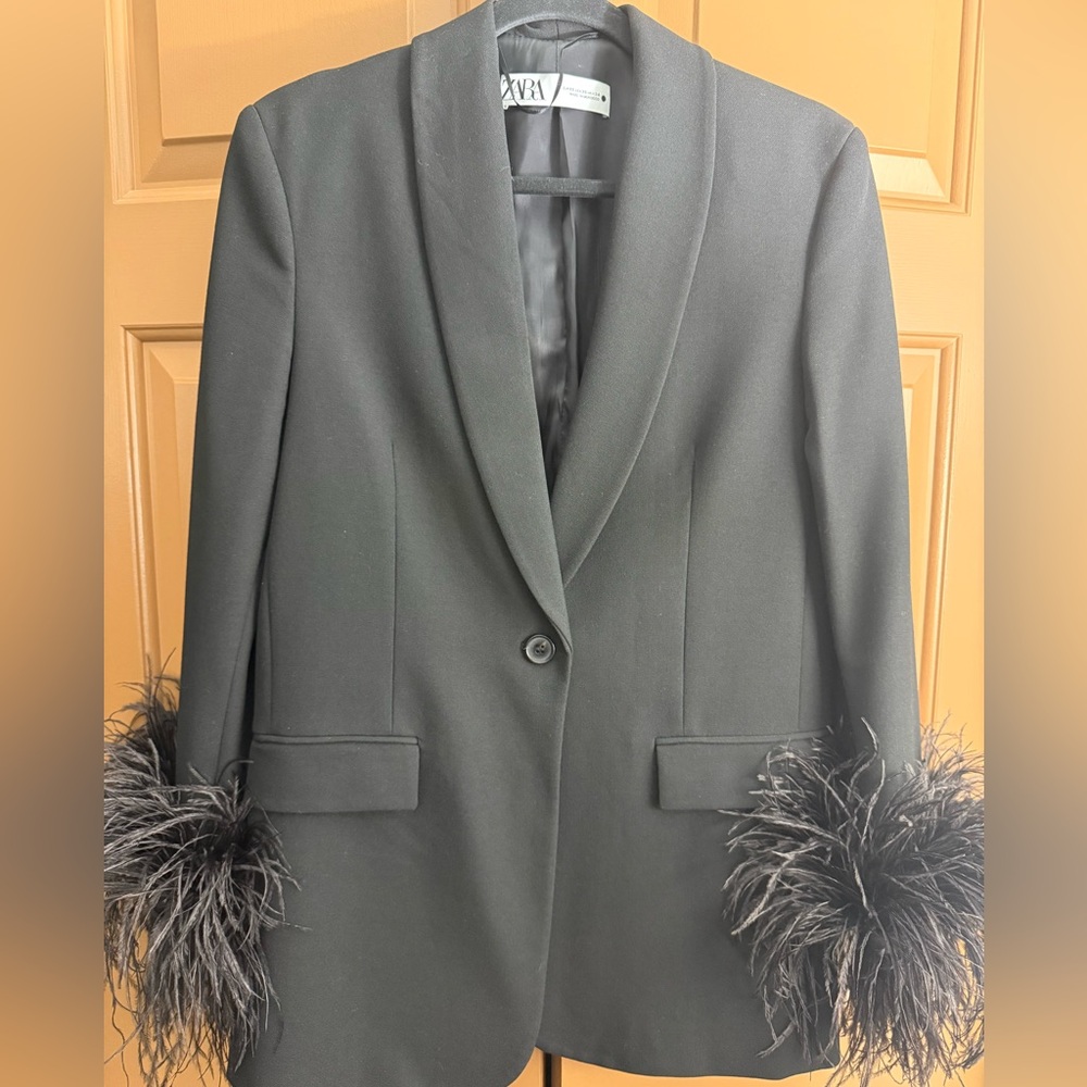 Zara Black Feather-Cuff Women's Blazer